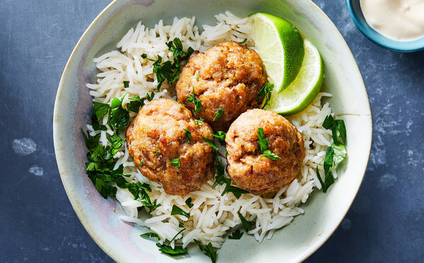 Rice topped with Vietnamese meatballs